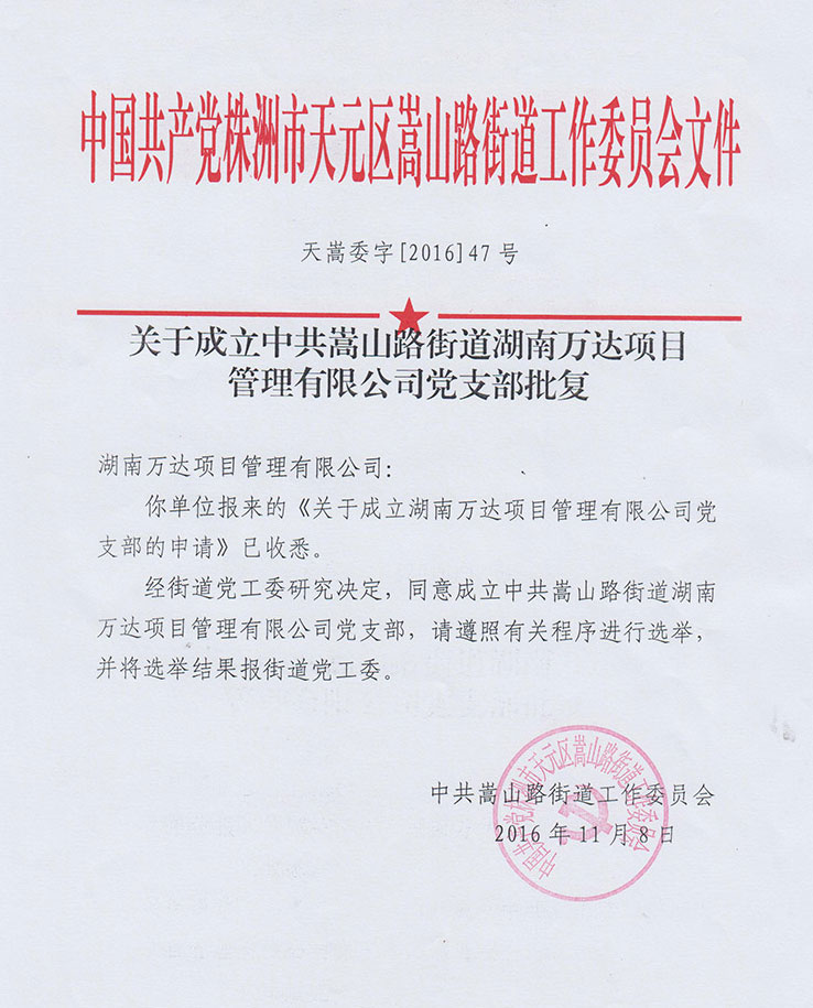 热烈祝贺中共湖南万达项目治理有限公司党支部正式建设 - 公司要闻 - 湖南万达项目治理有限公司【官网】